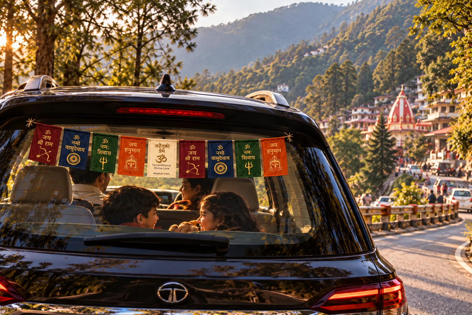 Small prayer flags inside a parked car with a Himalayan road beyond