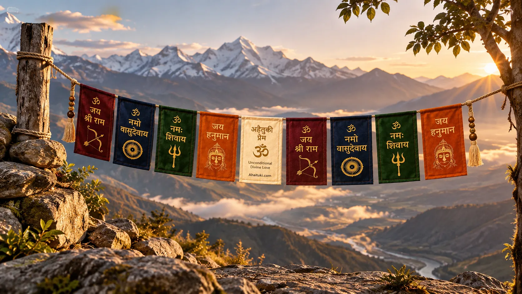 Ahaituki prayer flag concept overlooking misty Himalayan hills at sunrise