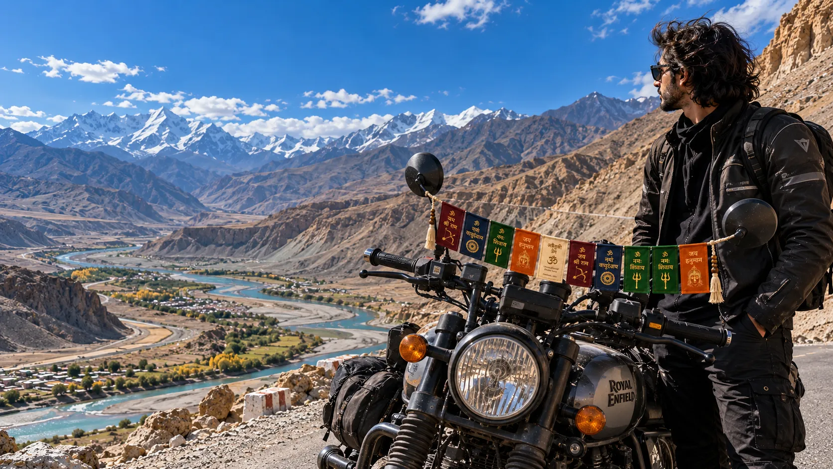 Prayer flags on a parked touring motorcycle beside a mountain lake in Ladakh