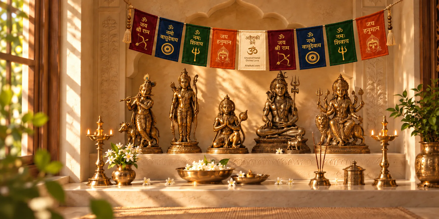 Prayer flags above a sunlit home puja alcove with brass devotional vessels