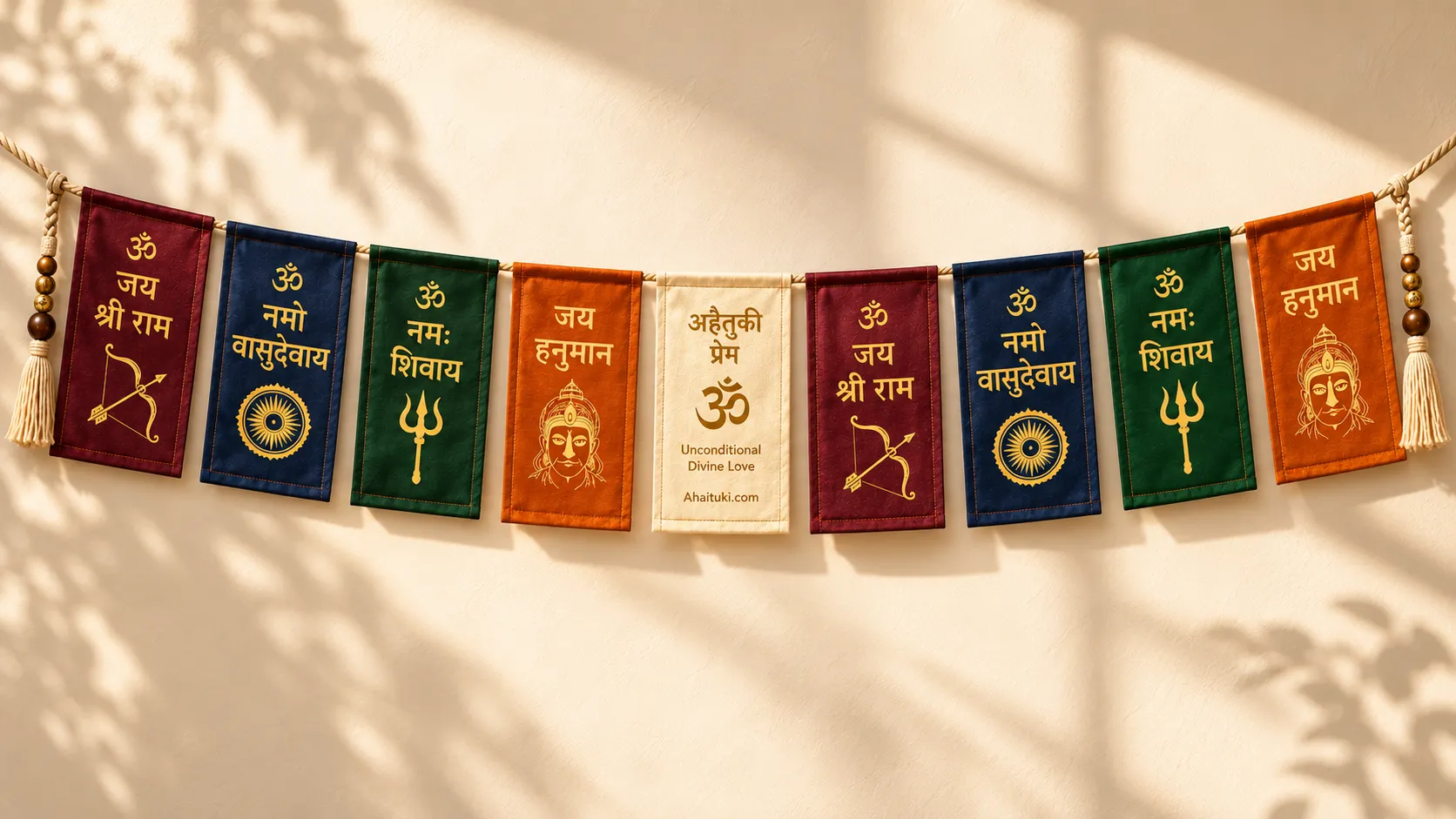Prayer flag concept in warm courtyard light